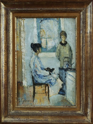 Антикварная картина "Разговор на кухне"