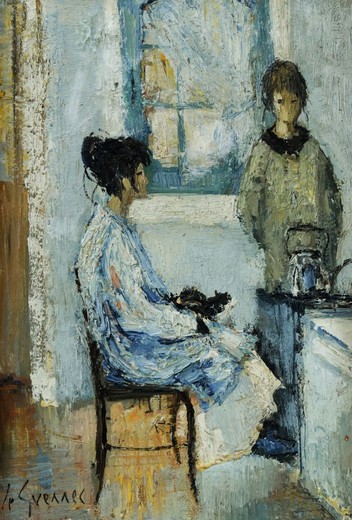 Antique painting "Conversation in the kitchen"