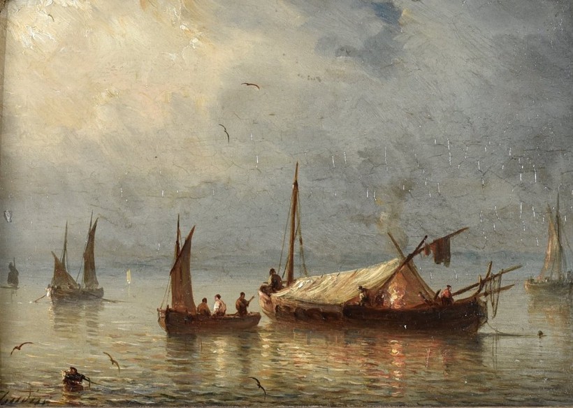 Antique painting "Fishermen"