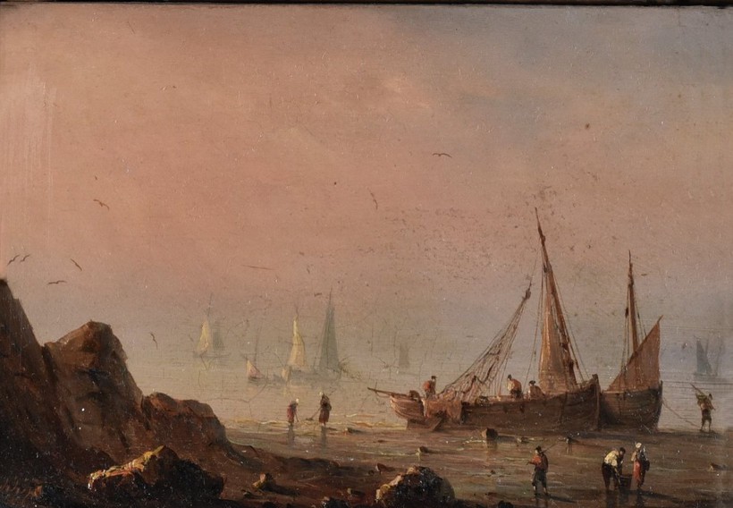 Антикварная картина "Рыбацкая флотилия"