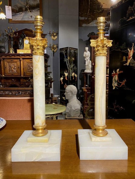 Antique pair of onyx lamps