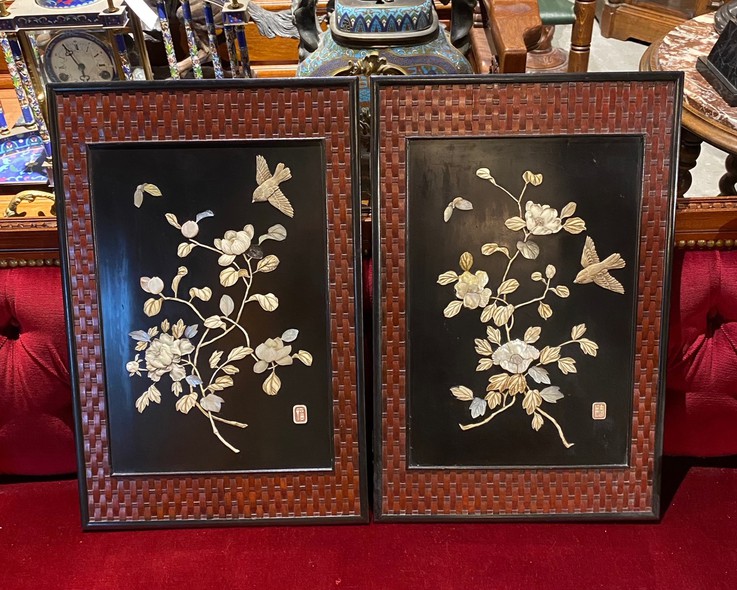 Antique pair panels "Birds in flowers"