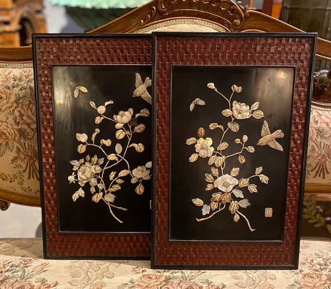 Antique pair panels "Birds in flowers"