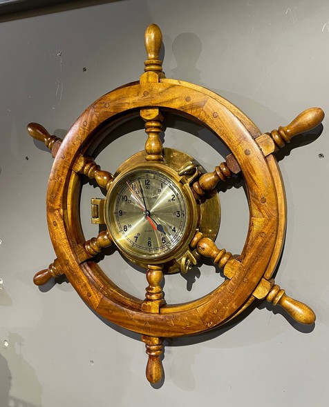 Vintage Quartz Ship's Time Wooden Ship Wheel & Brass Clock