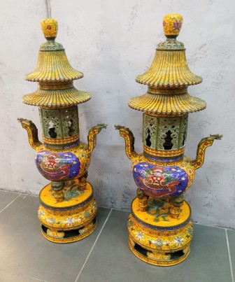 Antique paired cloisonne incense burners, China