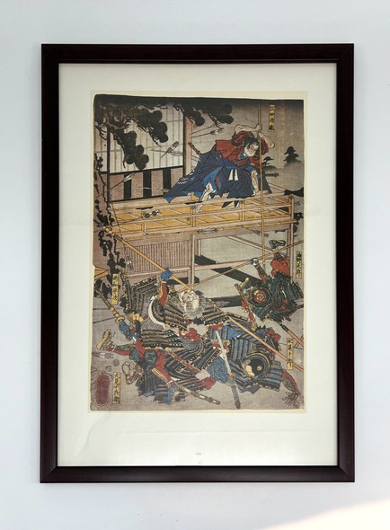 Vintage lithograph by Utagawa Kuniyoshi "Battle at the Temple"