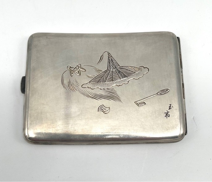 Antique silver cigarette case "gods of happiness"