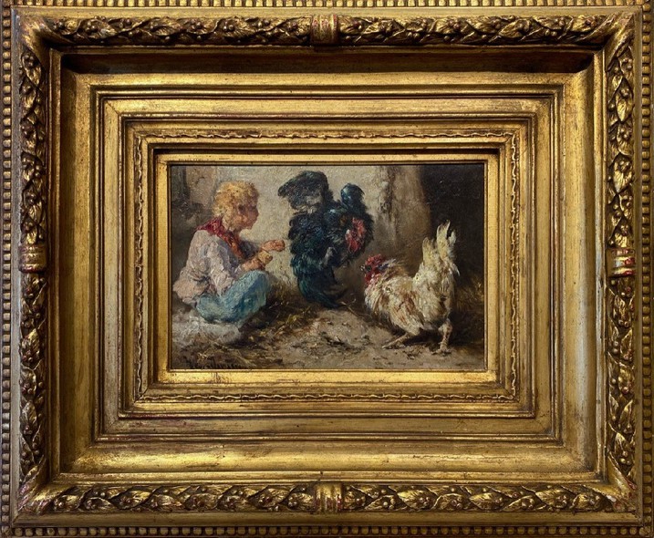 Антикварная картина «Мальчик и птицы»