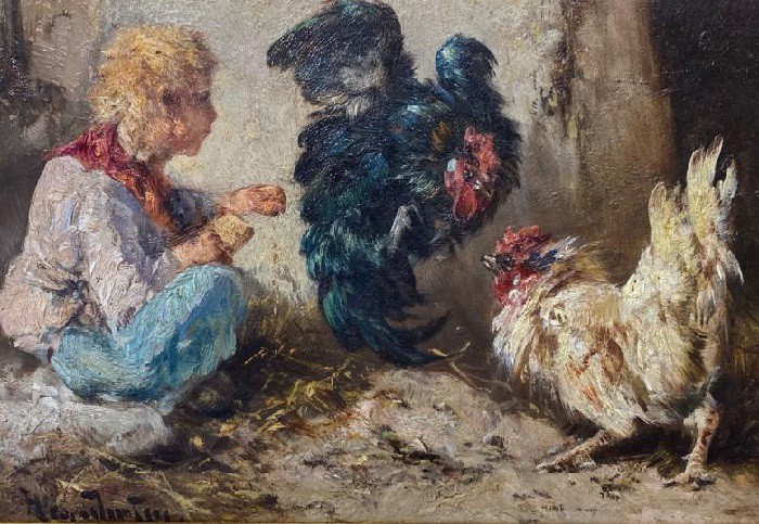 Antique painting "Boy and Birds"