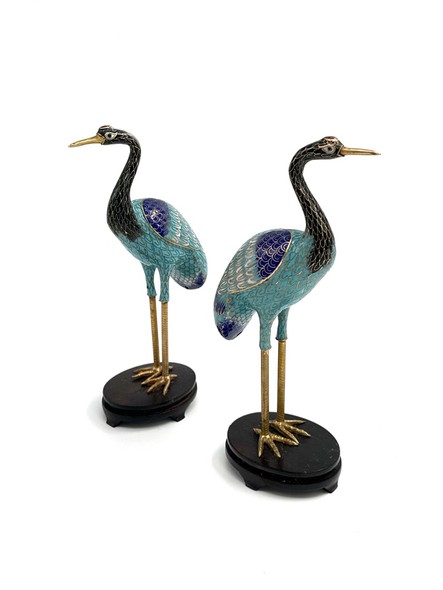 Pair of vintage sculptures "Cranes", cloisonne