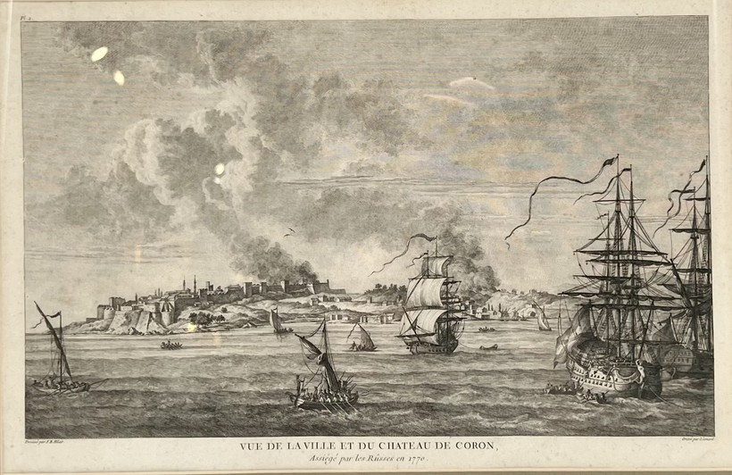 Engraving “Russian fleet. View of the city and the castle»