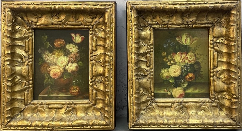 Antique paired still lifes with flowers