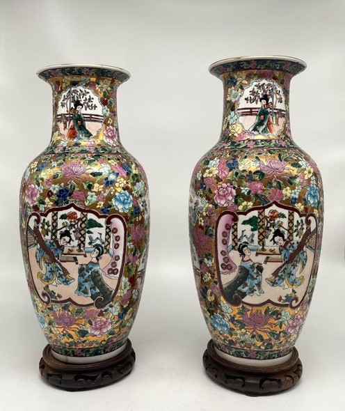 Antique paired vases with beauties