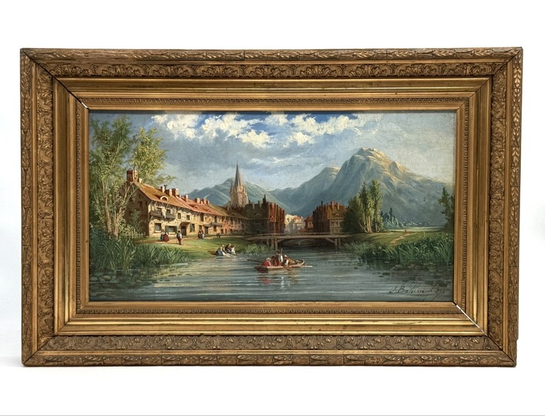 Antique painting "The village", Jules Gustave Bachier