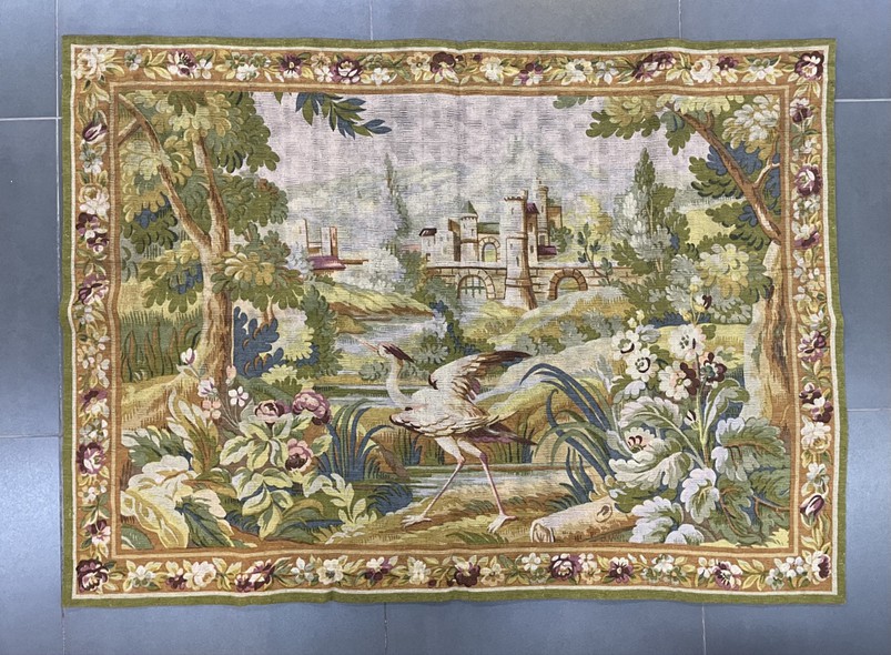 Antique tapestry "Heron on the castle background"
