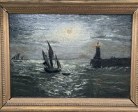 Antique painting "Sailors and a Lighthouse"