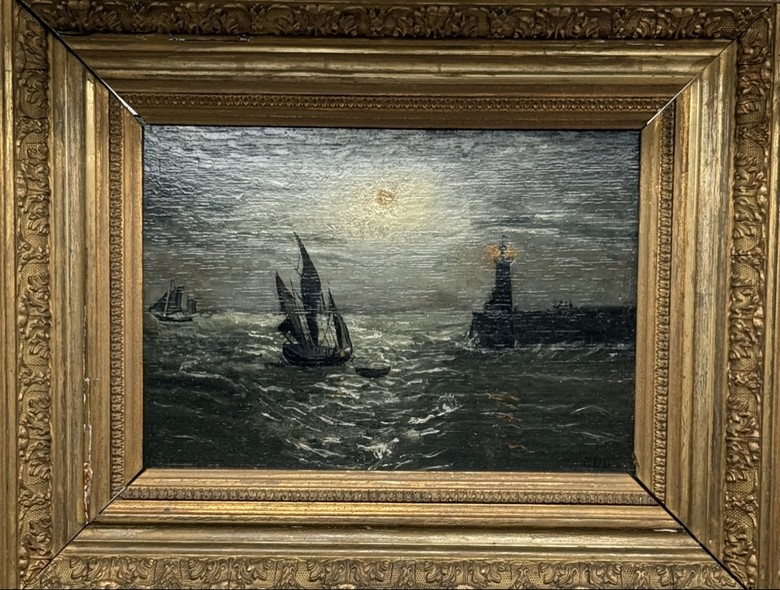 Antique painting "Sailors and a Lighthouse"