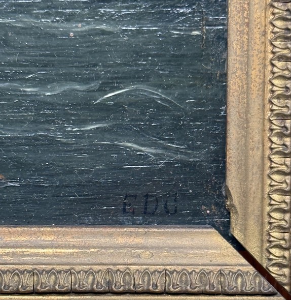 Antique painting "Sailors and a Lighthouse"