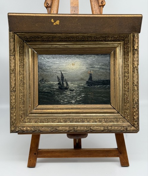 Antique painting "Sailors and a Lighthouse"