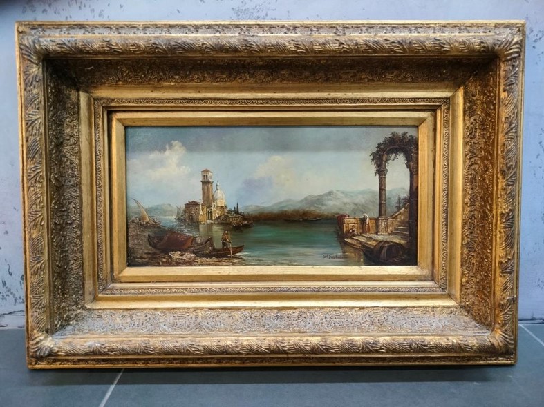 Antique painting "Mediterranean Port."