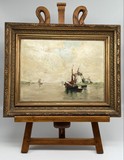 Antique painting "Mill with a Boat"