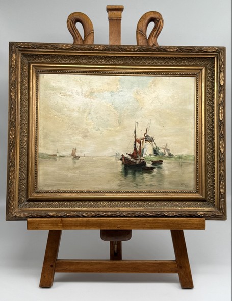 Antique painting "Mill with a Boat"