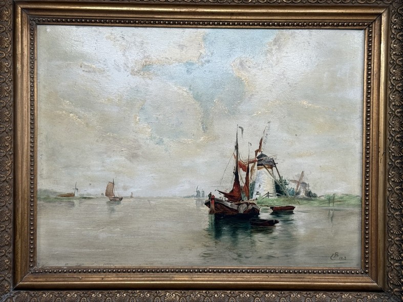 Antique painting "Mill with a Boat"