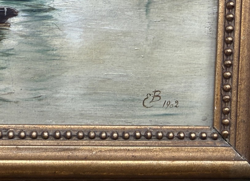 Antique painting "Mill with a Boat"