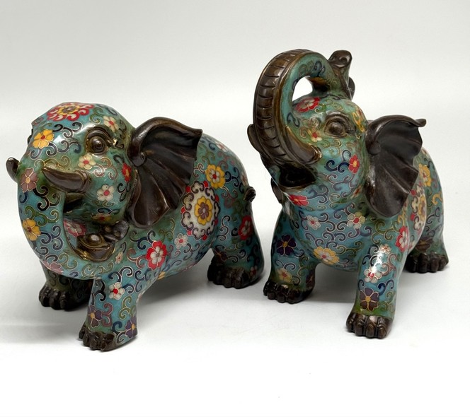 Paired sculptures "Elephants", cloisonné