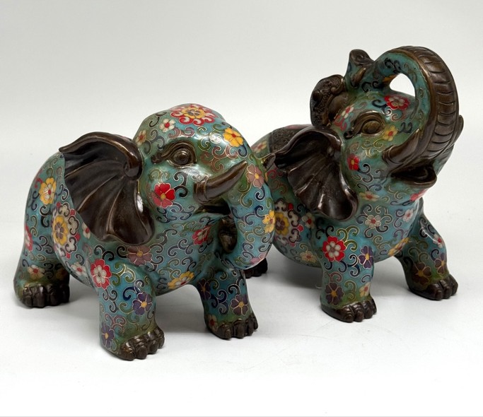 Paired sculptures "Elephants", cloisonné