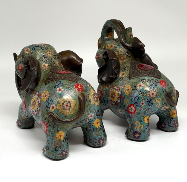 Paired sculptures "Elephants", cloisonné