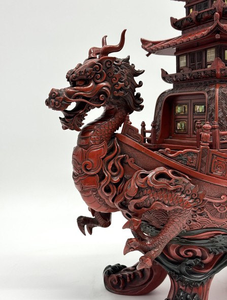 Antique sculpture, "Dragon Boat with Pagoda."
