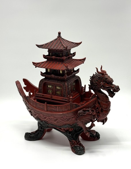 Antique sculpture, "Dragon Boat with Pagoda."