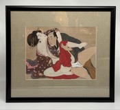 Vintage engraving "The Courtesan and Her Lover," Shunga