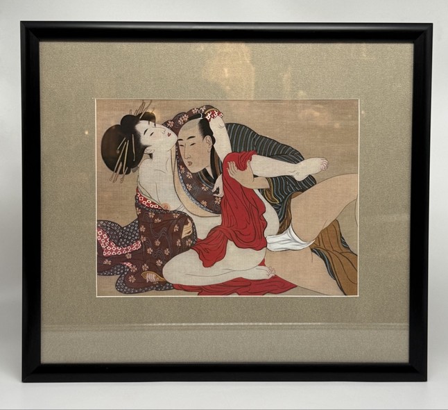 Vintage engraving "The Courtesan and Her Lover," Shunga