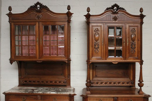 old furniture antiques pair old cupboards cabinet Louis XVI style. wood, marble, facet glass. Europe, circa 1900-s. Salon gallery buy in Moscow