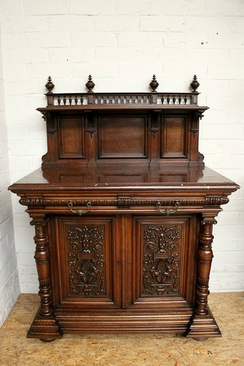 internet shop antiques Moscow old furniture cabinet and bureau in henri II style in walnut with classic carving. Marble table top is griotte. Europe, 19th century