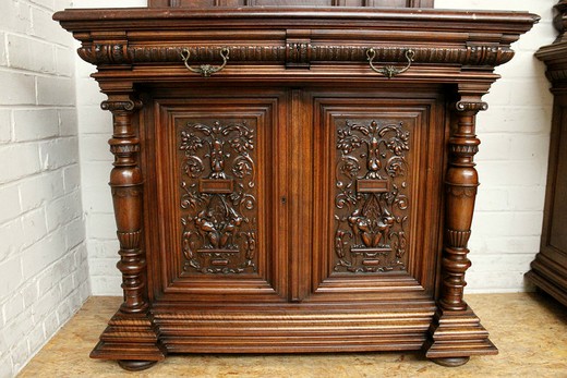 shop gallery old furniture cabinet and bureau in henri II style in walnut with classic carving. Marble table top is griotte. Europe, 19th century