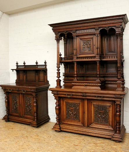 old furniture cabinet and bureau in henri II style in walnut with classic carving. Marble table top is griotte. Europe, 19th century
