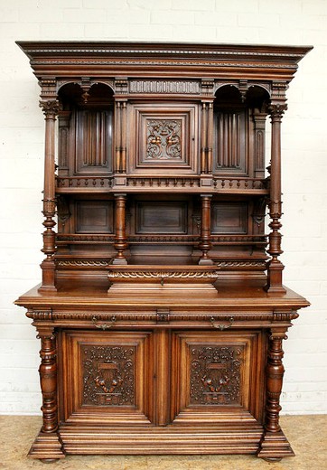 furniture antique cabinet and bureau in henri II style in walnut with classic carving. Marble table top is griotte. Europe, 19th century