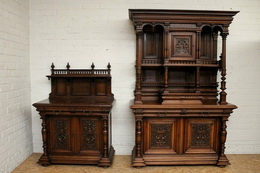 antique furniture cabinet and bureau in henri II style in walnut with classic carving. Marble table top is griotte. Europe, 19th century