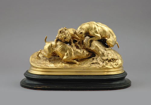 Hunting dogs statuette by Pierre Jules Mene (1810-1875). Gilt bronze. France, XIXth C.