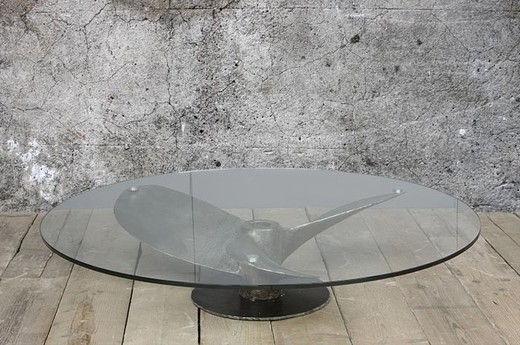 factory antiques old industrial objects coffee table helix blades steel glass