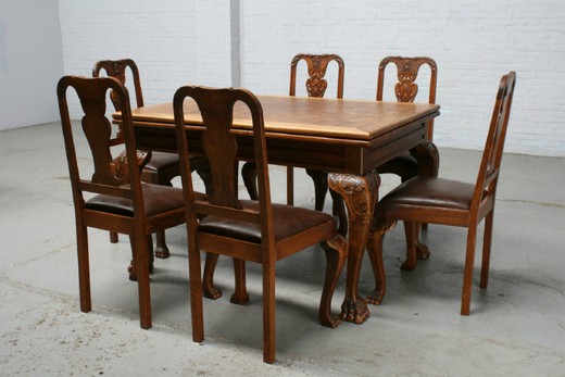 антикварный столовый гарнитур в стиле чиппендейл из дуба и кожи, 20 век