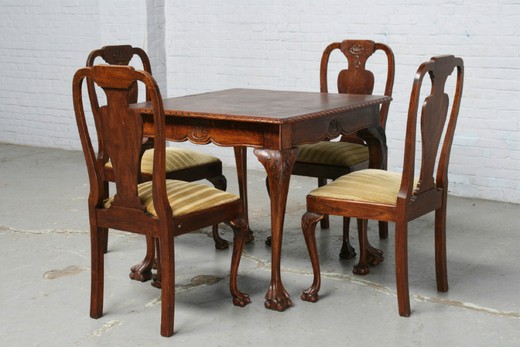 антикварный стол и стулья в стиле чиппендейл из дуба, 20 век