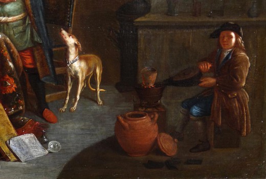 антикварная картина визит к доктору, 18 век, масло
