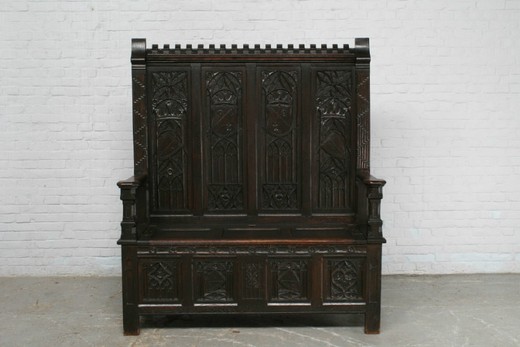 антикварная скамья в готическом стиле из дуба, 19 век