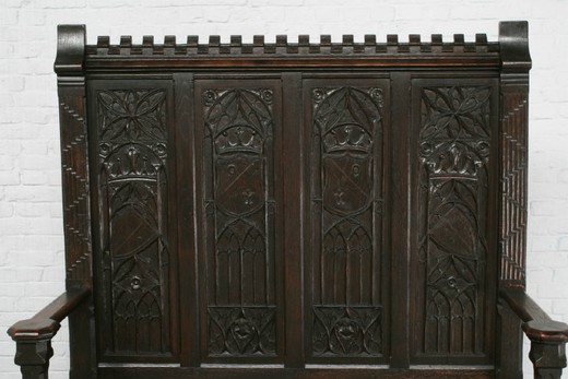 винтажная скамья в готическом стиле из дуба, 19 век