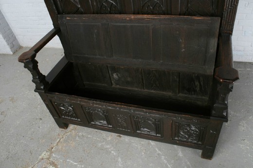 готическая скамья из дуба, антиквариат, 19 век