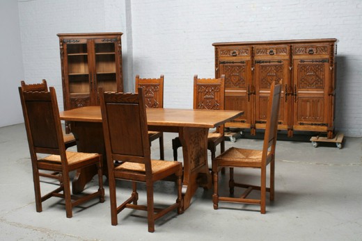 антикварный столовый гарнитур в стиле готика из дуба, 20 век